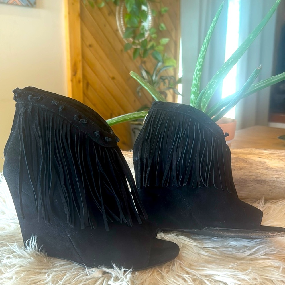 ASH Janis Fringe Suede peep toe Bootie